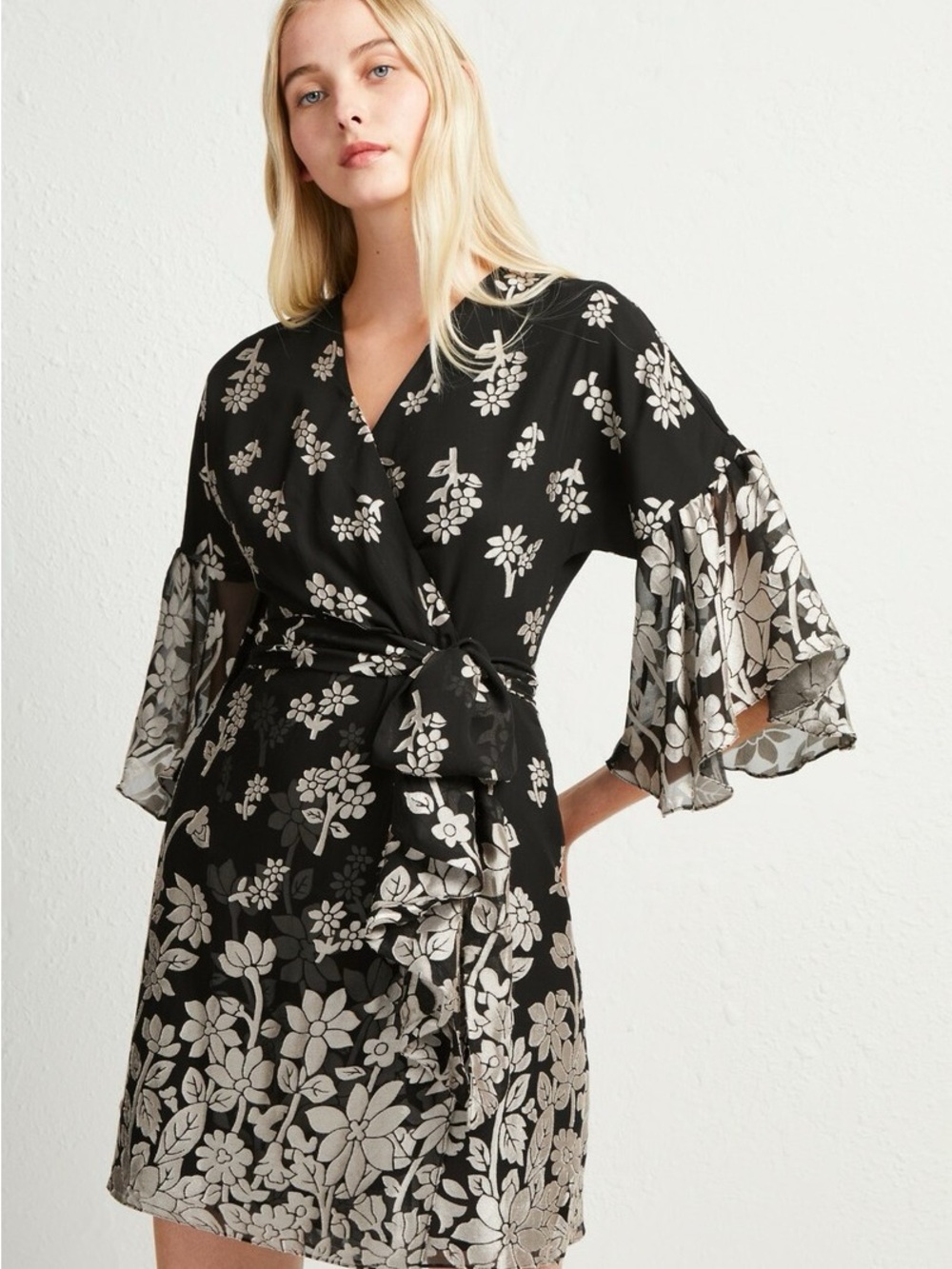 French Connection Elsie Black Satin Devore Wrap Dress With Cream Floral Burnout